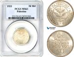 AK078, Palestine, 50 Mils 1933, London Mint, Silver, PCGS MS63