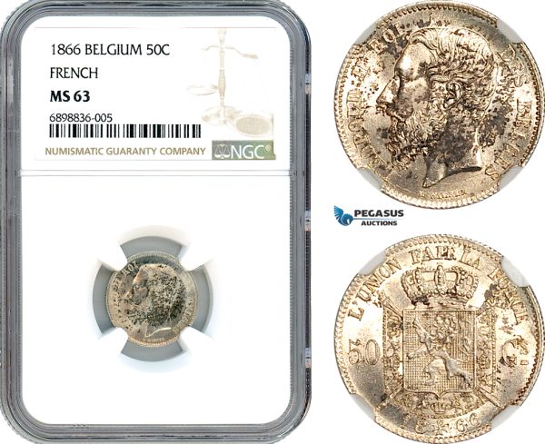 AK088, Belgium, Leopold II, 50 Centimes 1866, French text, Brussels Mint, Silver, NGC MS63