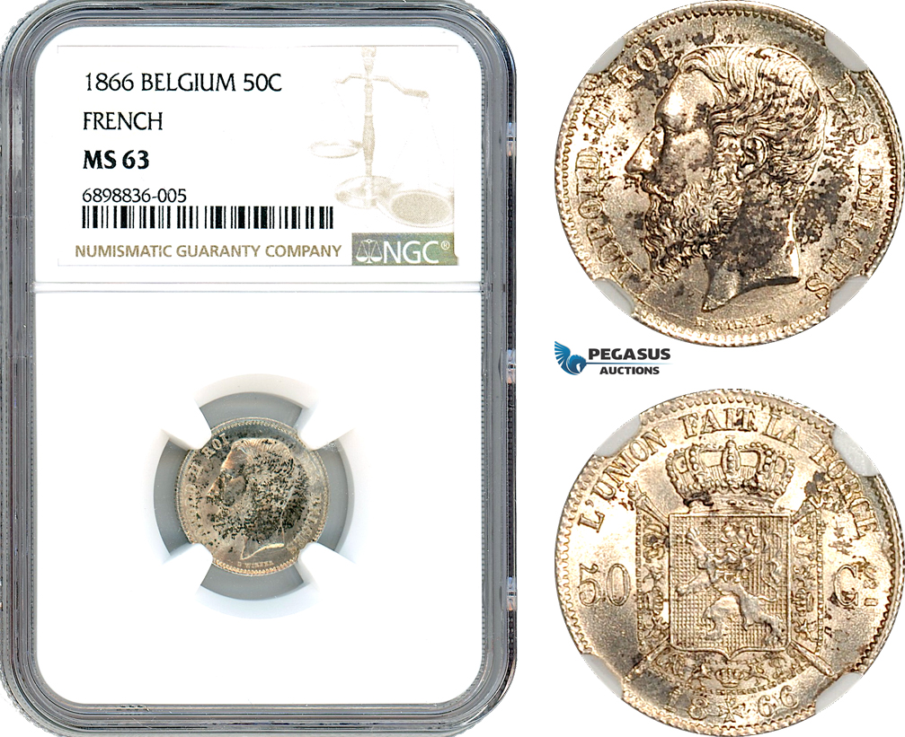 AK088, Belgium, Leopold II, 50 Centimes 1866, French text, Brussels Mint, Silver, NGC MS63