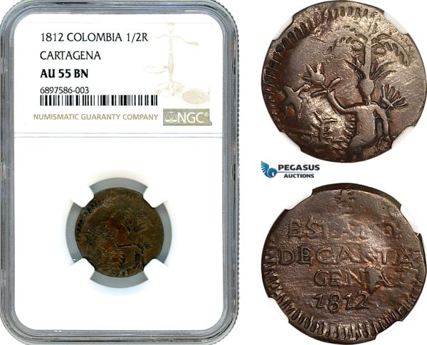 AK090, Colombia, Cartagena, 1/2 Real 1812, NGC AU55BN