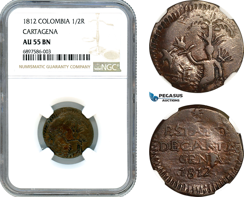 AK090, Colombia, Cartagena, 1/2 Real 1812, NGC AU55BN