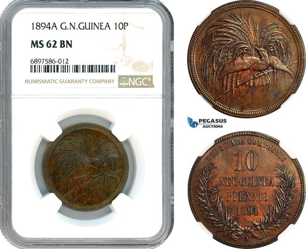 AK094, German New Guinea, 10 Pfennig 1894 A, Berlin Mint, NGC MS62BN