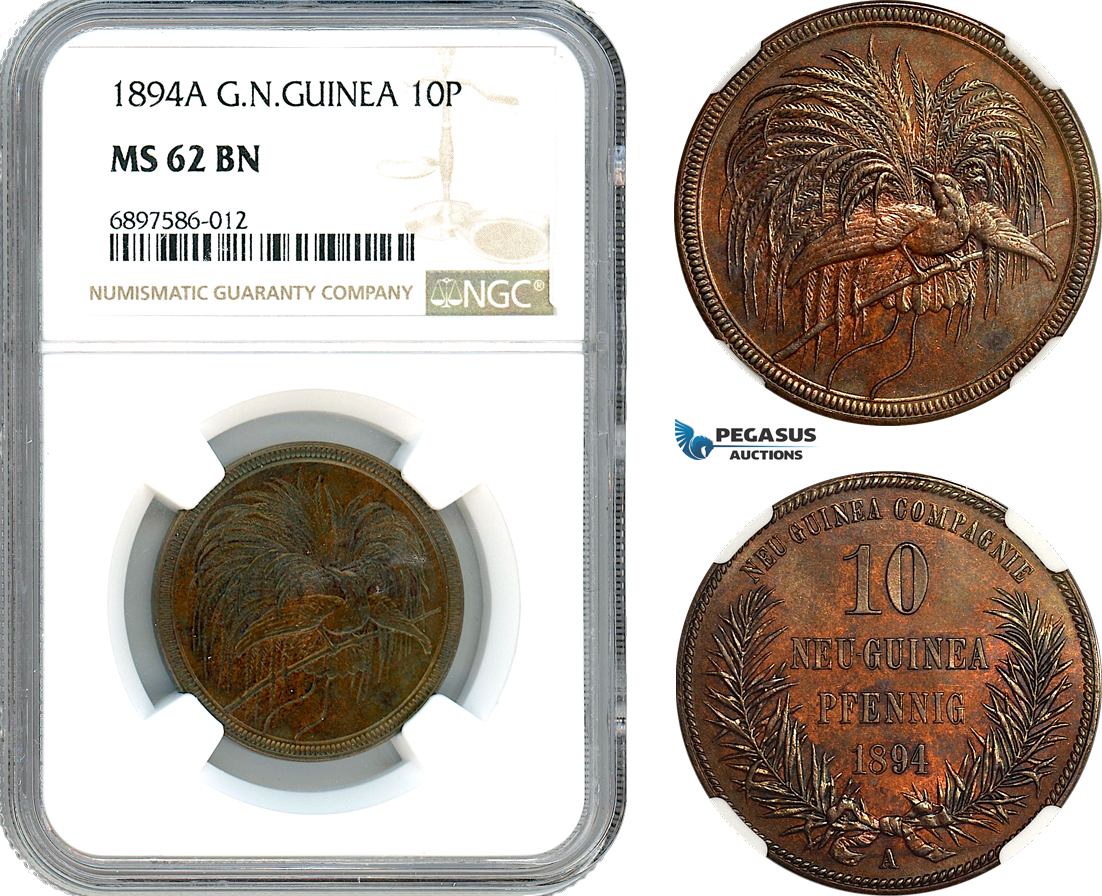 AK094, German New Guinea, 10 Pfennig 1894 A, Berlin Mint, NGC MS62BN
