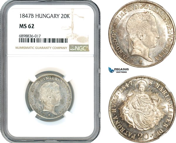 AK097, Hungary, Ferdinand V, 20 Kreuzer 1847 B, Kremnitz Mint, Silver, NGC MS62