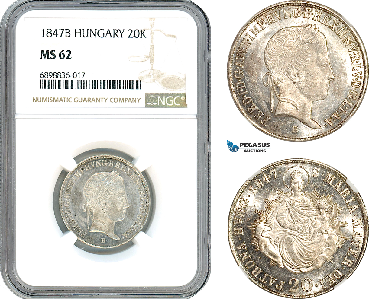 AK097, Hungary, Ferdinand V, 20 Kreuzer 1847 B, Kremnitz Mint, Silver, NGC MS62