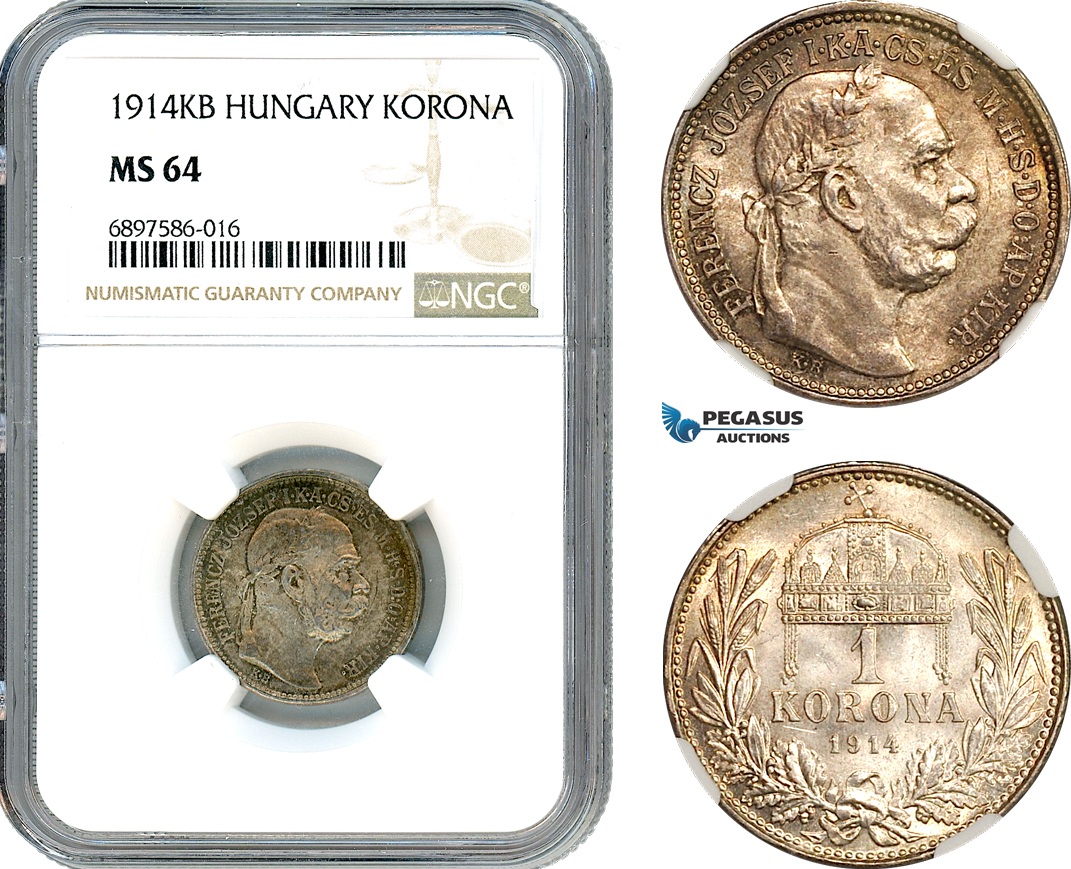 AK098, Hungary, Franz Joseph, 1 Korona 1914 KB, Kremnitz Mint, Silver, NGC MS64