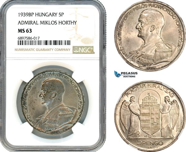 AK099, Hungary, Miklos Horthy, 5 Pengo 1939 BP, Budapest Mint, Silver, NGC MS63