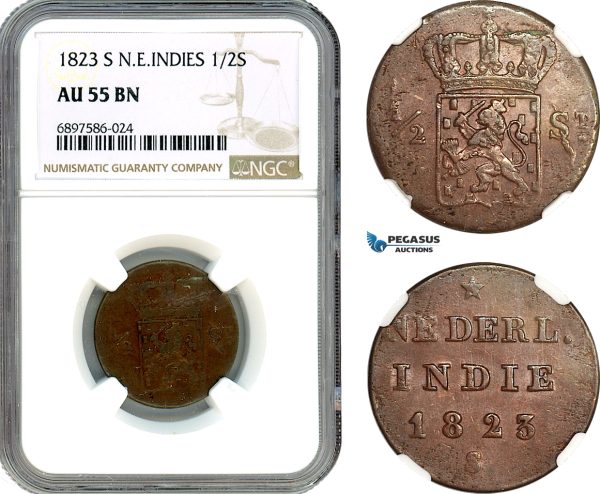 AK100, Netherlands East Indies, 1/2 Stuiver 1823 S, Utrecht Mint, NGC AU55BN, Pop 1/1