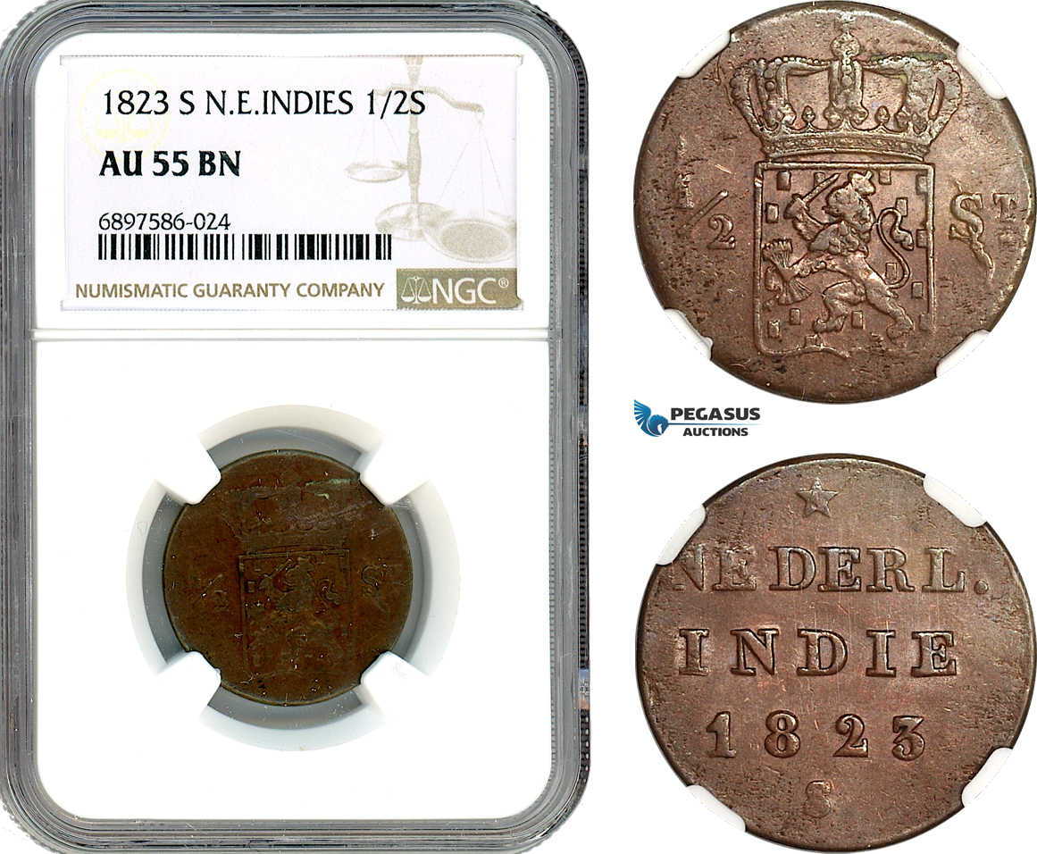 AK100, Netherlands East Indies, 1/2 Stuiver 1823 S, Utrecht Mint, NGC AU55BN, Pop 1/1