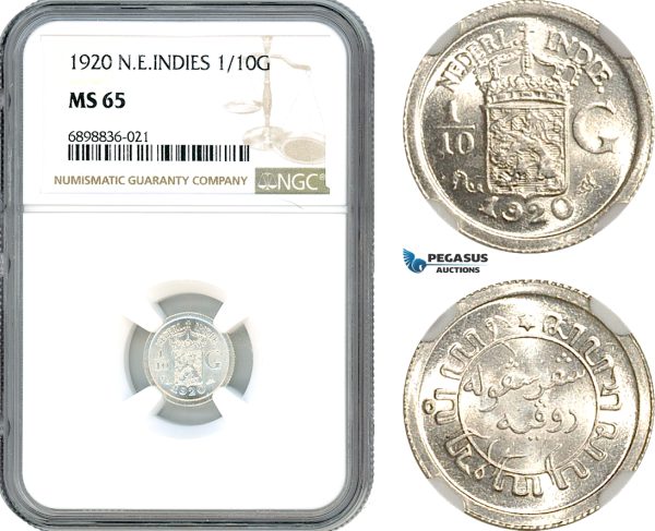 AK101, Netherlands East Indies, Wilhelmina, 1/10 Gulden 1920, Utrecht Mint, Silver, NGC MS65