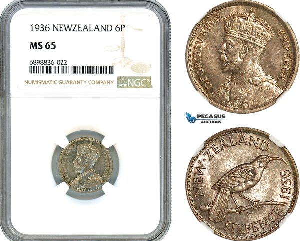 AK102, New Zealand, George V, 6 Pence 1936, London  Mint, Silver, NGC MS65