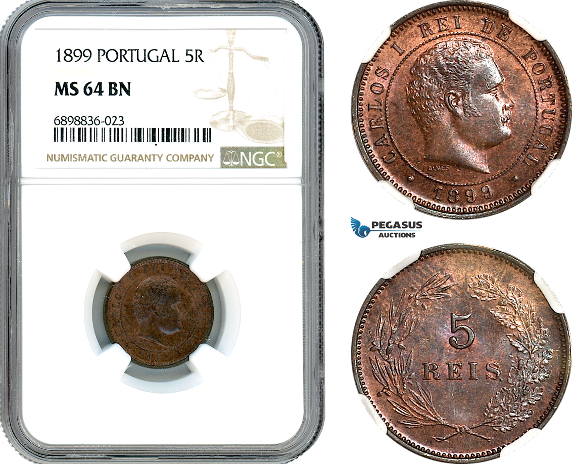 AK103, Portugal, Carlos I, 5 Reis 1899, Lisbon Mint, NGC MS64BN
