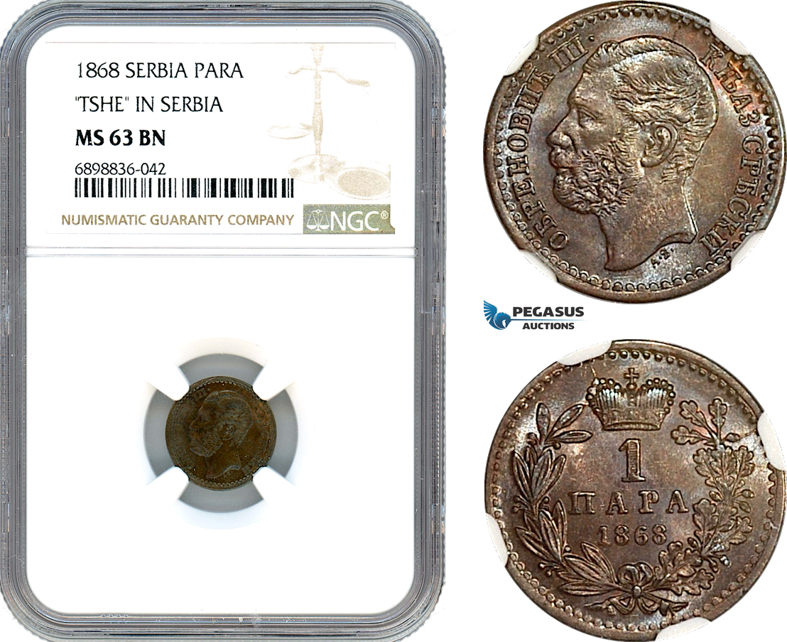 AK111, Serbia, M. Obrenovic III, 1 Para 1868, TSHE In Serbia, NGC MS63BN