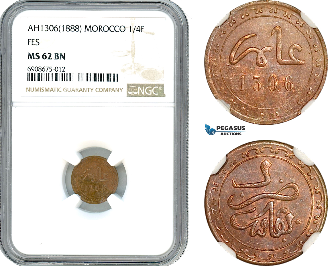 AK131, Morocco, Moulay al-Hasan I, 1/4 Falus AH1306 (1888) Fes, NGC MS62BN