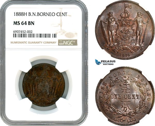 AK136, British North Borneo, 1 Cent 1888 H, Heaton Mint, NGC MS64BN