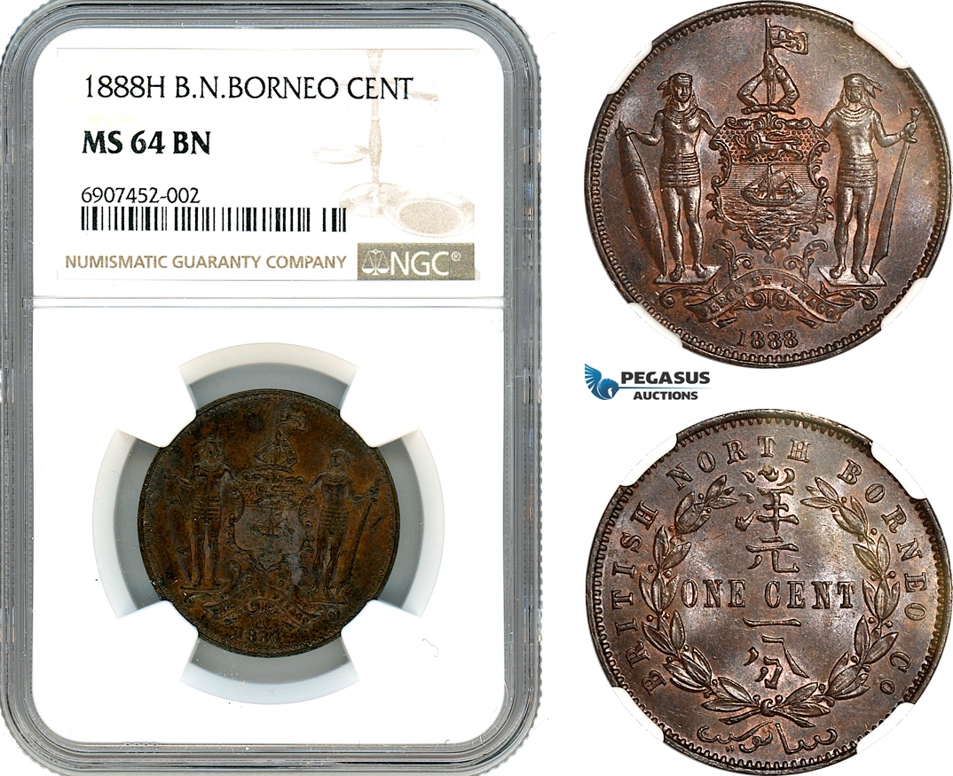 AK136, British North Borneo, 1 Cent 1888 H, Heaton Mint, NGC MS64BN