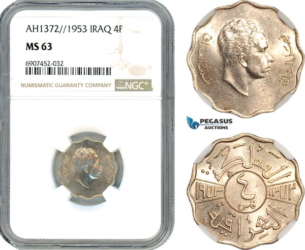 AK156, Iraq, Faisal II, 4 Fils AH1372//1953, London Mint, NGC MS63