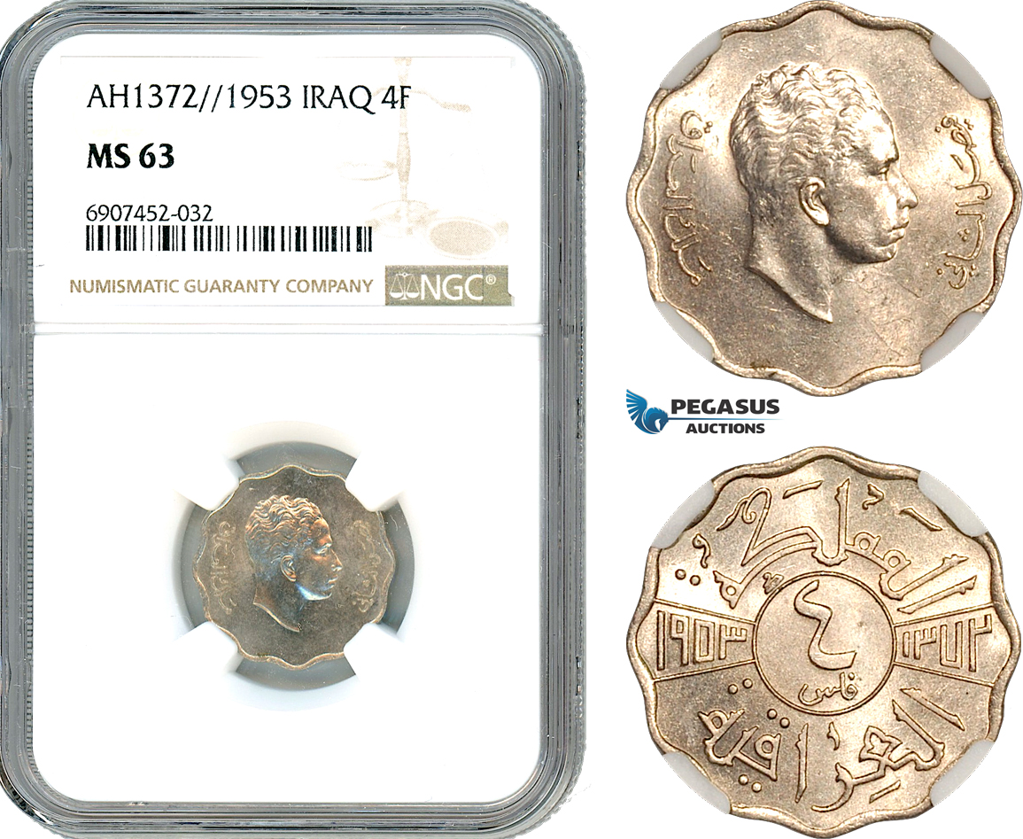 AK156, Iraq, Faisal II, 4 Fils AH1372//1953, London Mint, NGC MS63