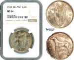 AK162, Ireland, 1/2 Crown 1942, London Mint, Silver, NGC MS64