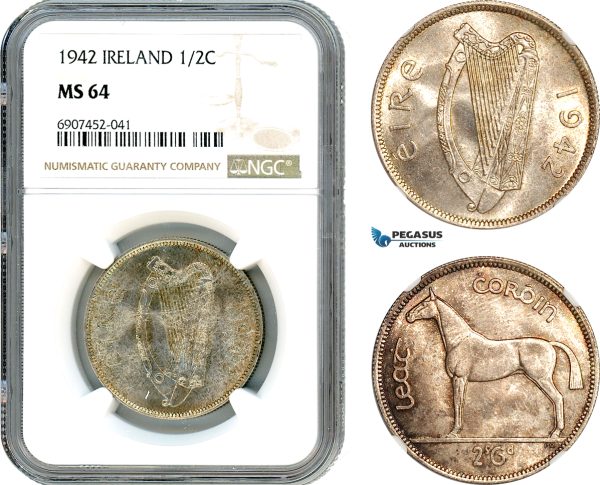 AK162, Ireland, 1/2 Crown 1942, London Mint, Silver, NGC MS64