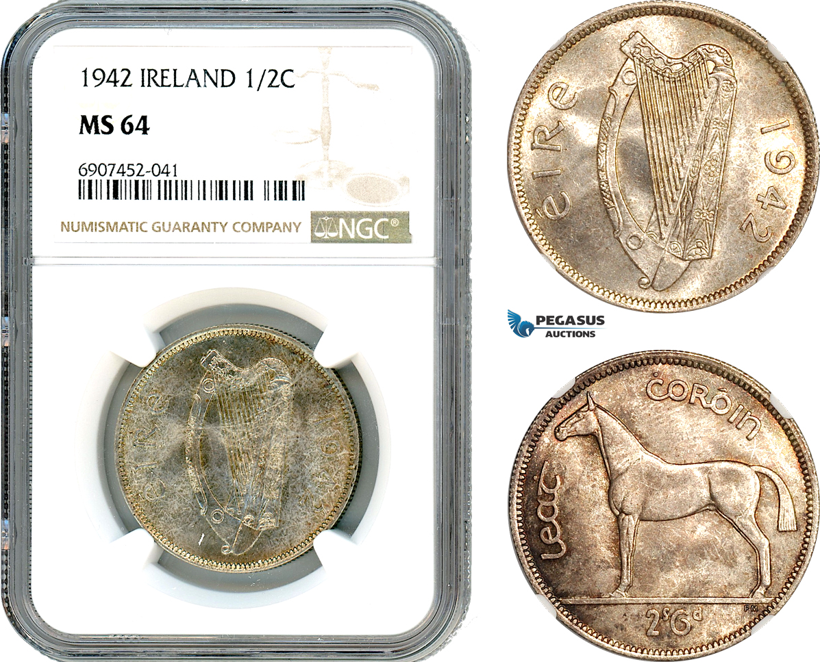 AK162, Ireland, 1/2 Crown 1942, London Mint, Silver, NGC MS64