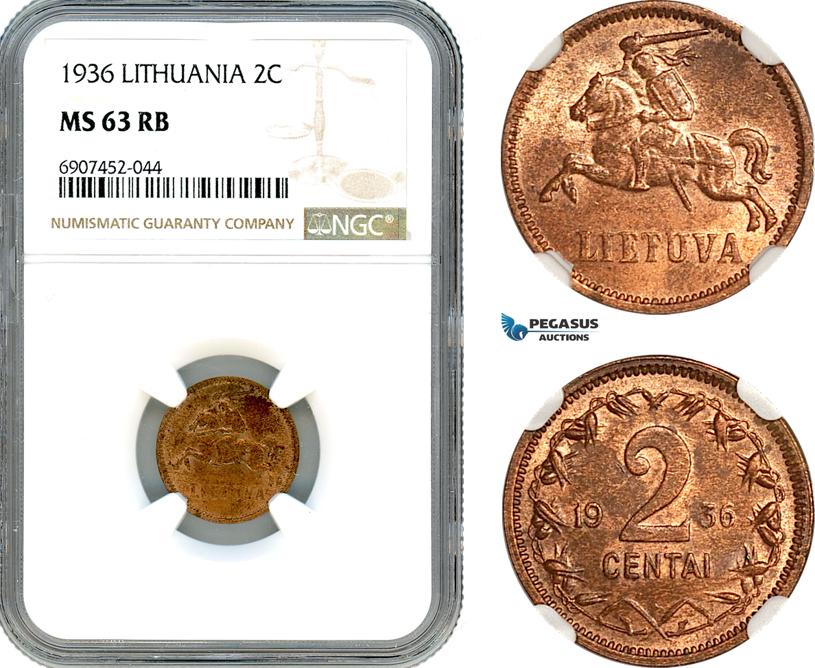 AK163, Lithuania, 2 Centai 1936, Kaunas Mint, NGC MS63RB