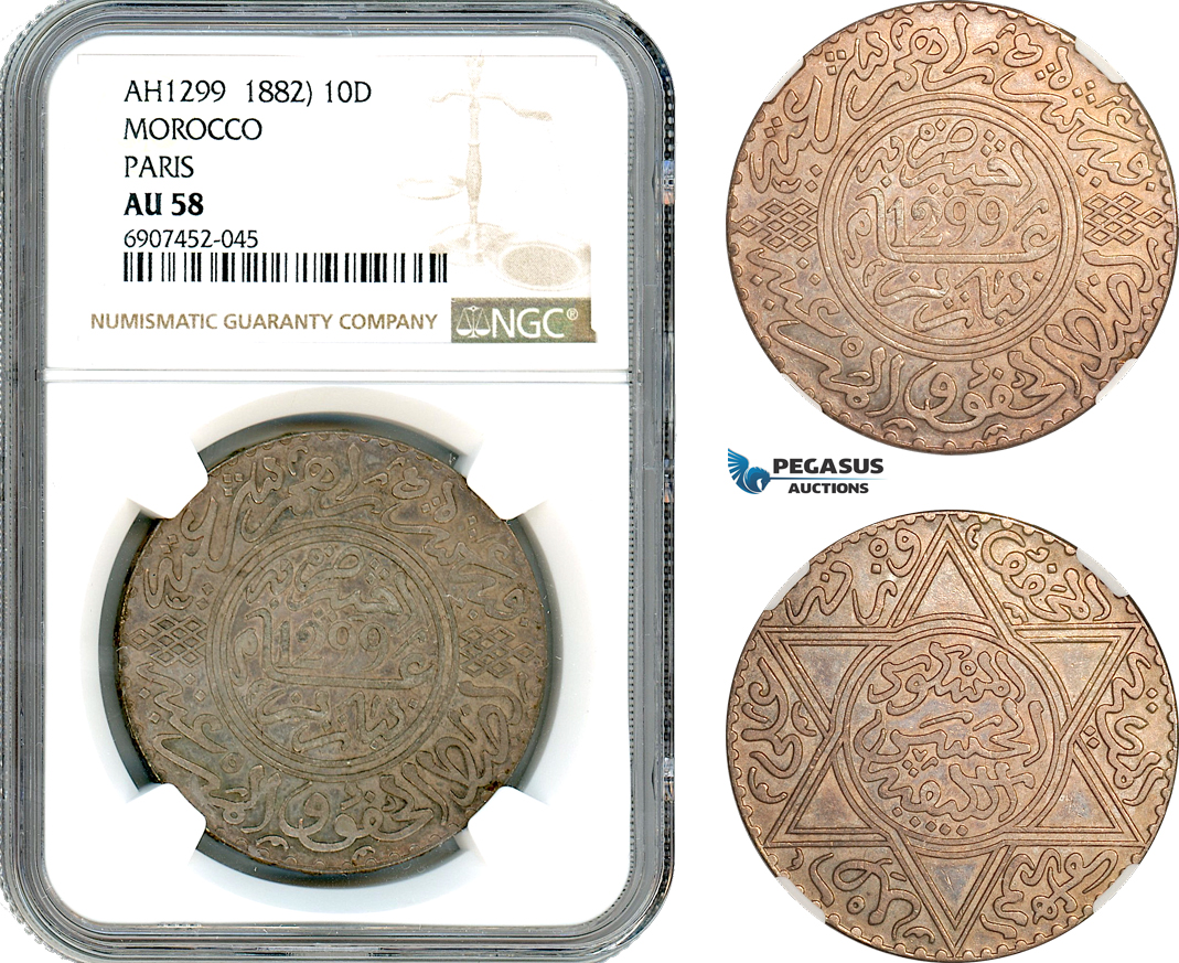AK164, Morocco, Moulay al-­Hasan I, 10 Dirhams AH1299 (1882) Paris Mint, Silver, NGC AU58