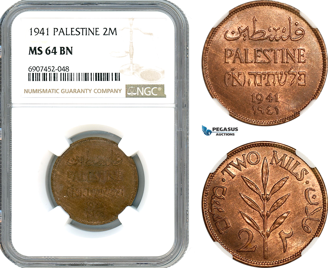 AK165, Palestine, 2 Mils 1941, London Mint, NGC MS64BN