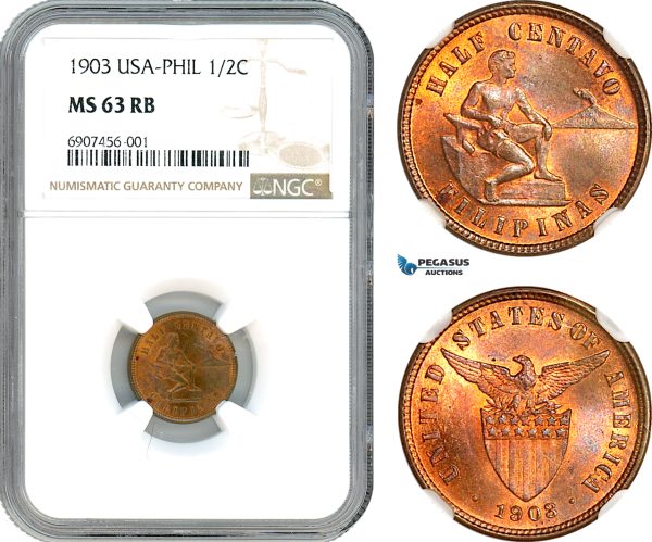 AK167, Philippines (US Administration) 1/2 Centavo 1903, Philadelphia Mint, NGC MS63RB