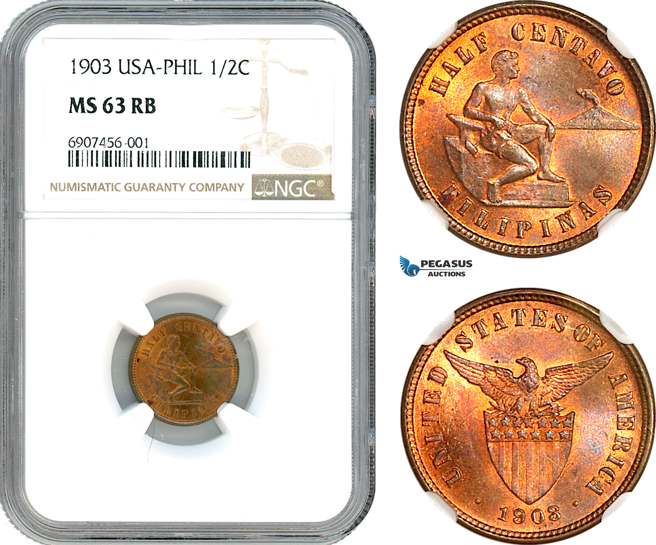 AK167, Philippines (US Administration) 1/2 Centavo 1903, Philadelphia Mint, NGC MS63RB
