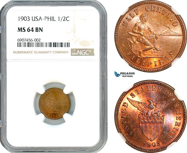 AK168, Philippines (US Administration) 1/2 Centavo 1903, Philadelphia Mint, NGC MS64BN