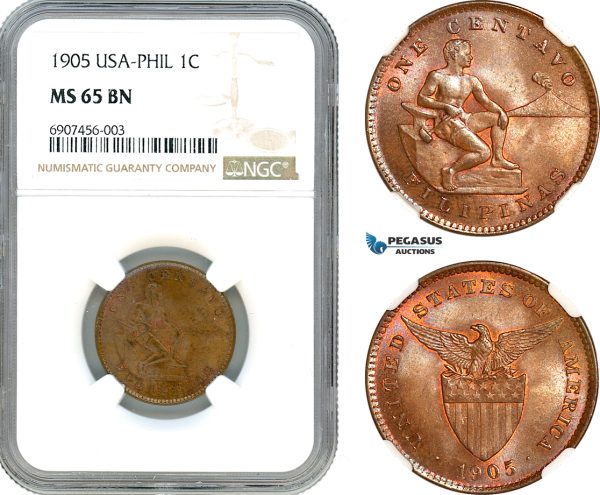 AK169, Philippines (US Administration) 1 Centavo 1905, Philadelphia Mint, NGC MS65BN
