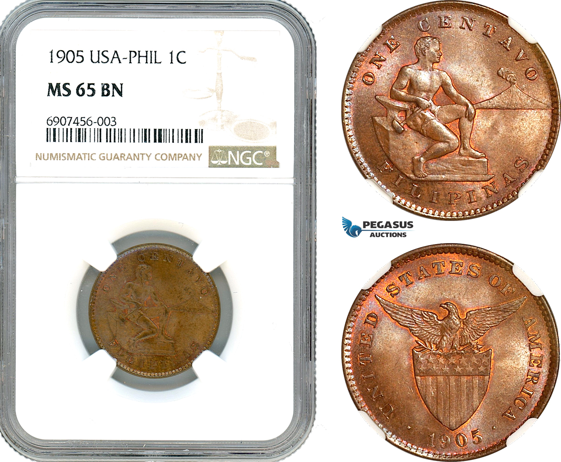 AK169, Philippines (US Administration) 1 Centavo 1905, Philadelphia Mint, NGC MS65BN