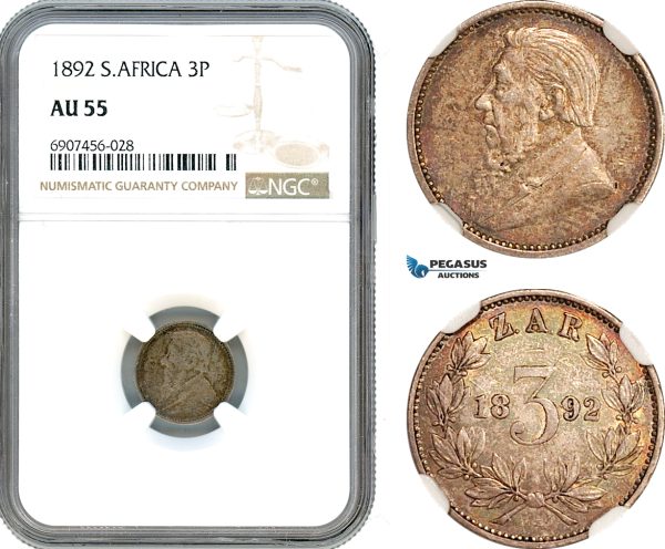 AK181, South Africa (ZAR) Threepence (3 Pence) 1892, Silver, NGC AU55