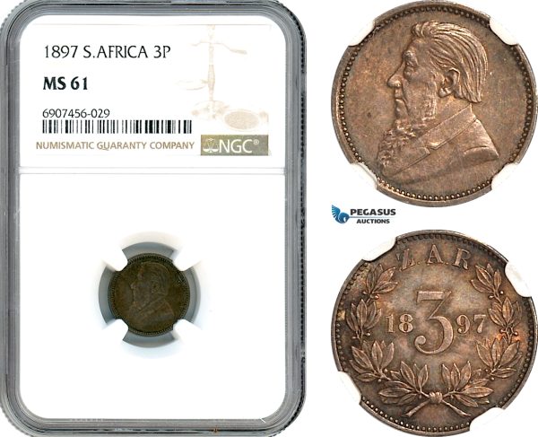 AK182, South Africa (ZAR) Threepence (3 Pence) 1897, Silver, NGC MS61