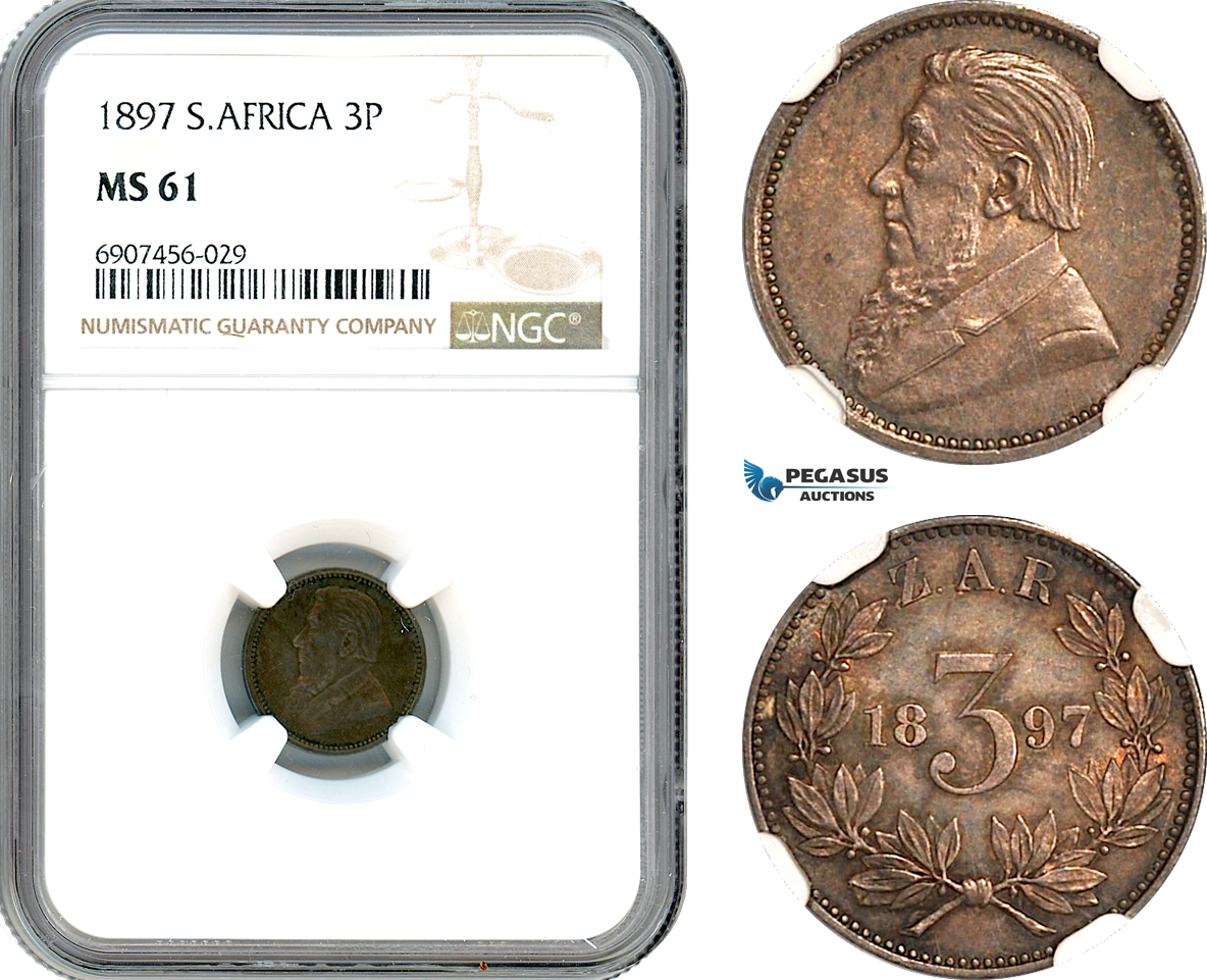 AK182, South Africa (ZAR) Threepence (3 Pence) 1897, Silver, NGC MS61