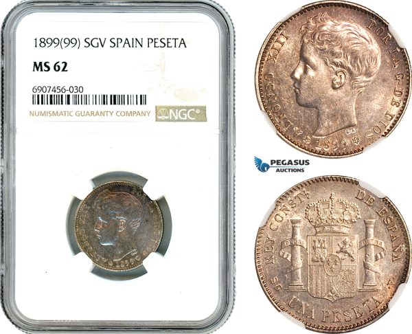 AK183, Spain, Alfonso XIII, 1 Peseta 1899 (99) SGV, Madrid Mint, Silver, NGC MS62