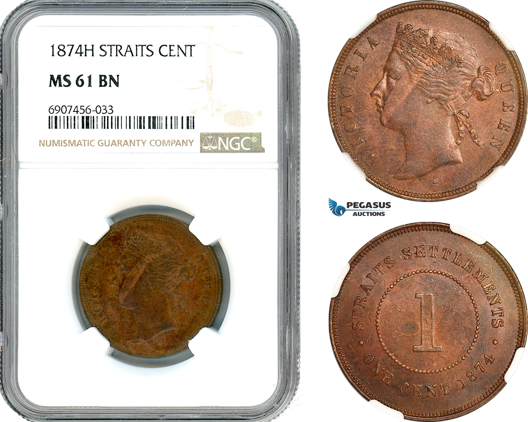 AK185, Straits Settlements, Victoria, 1 Cent 1874 H, Heaton Mint, NGC MS61BN