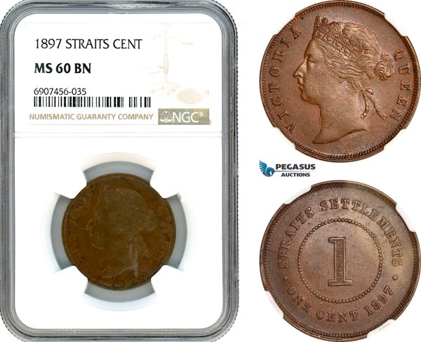 AK186, Straits Settlements, Victoria, 1 Cent 1897, London Mint, NGC MS60BN