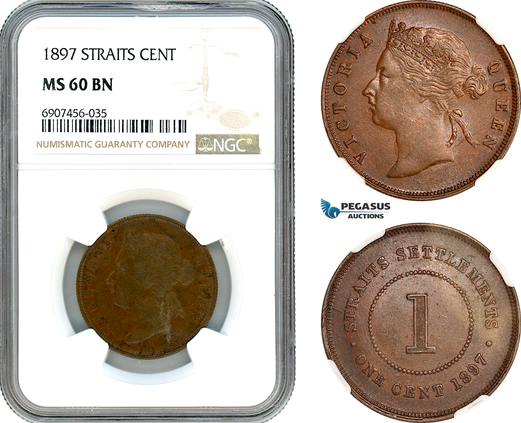 AK186, Straits Settlements, Victoria, 1 Cent 1897, London Mint, NGC MS60BN