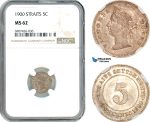 AK187, Straits Settlements, Victoria, 5 Cents 1900, London Mint, Silver, NGC MS62
