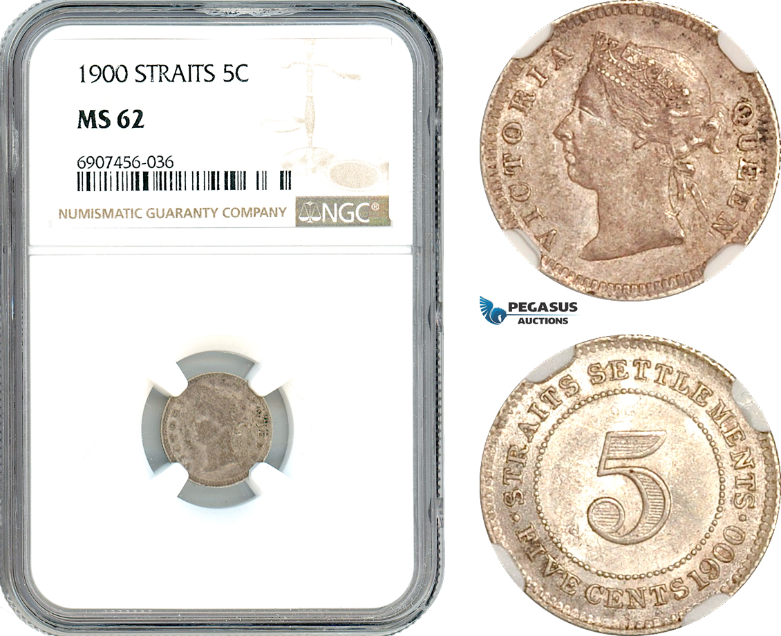 AK187, Straits Settlements, Victoria, 5 Cents 1900, London Mint, Silver, NGC MS62