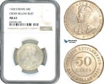 AK188, Straits Settlements, George V, 50 Cents 1920, Cross below bust, Silver, NGC MS63
