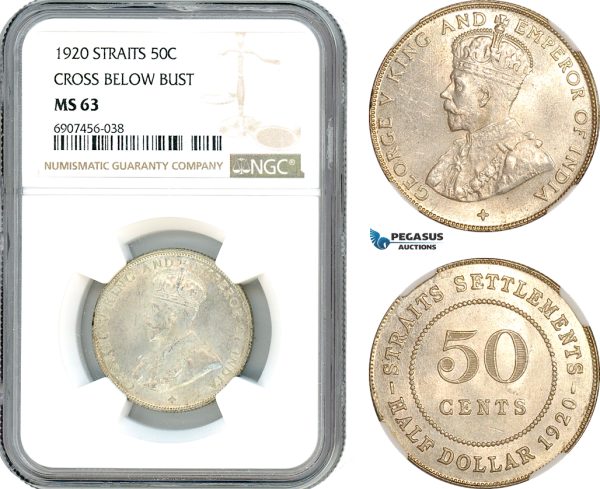 AK188, Straits Settlements, George V, 50 Cents 1920, Cross below bust, Silver, NGC MS63