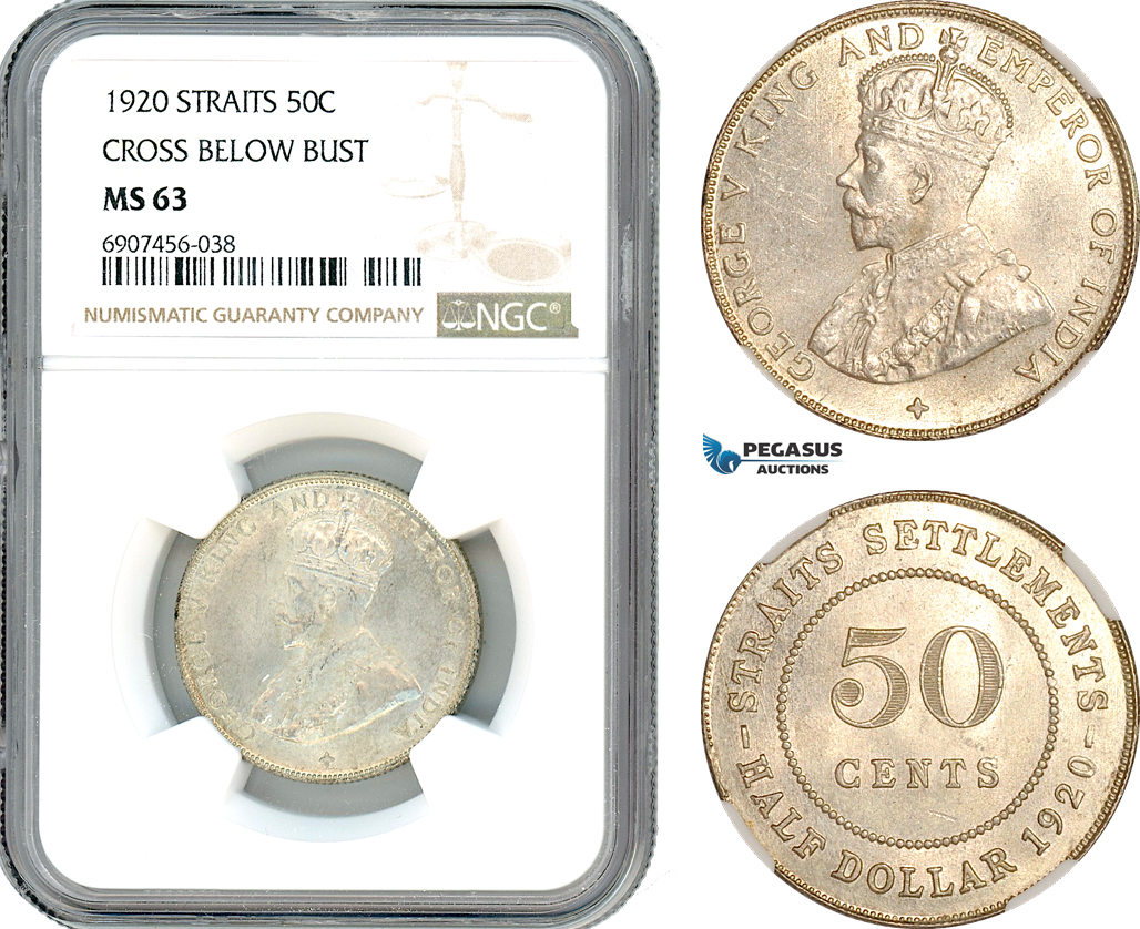 AK188, Straits Settlements, George V, 50 Cents 1920, Cross below bust, Silver, NGC MS63