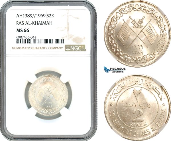 AK189, United Arab Emirates, Ras Al-Khaimah, 2 Riyals AH1389//1969, Silver, NGC MS66