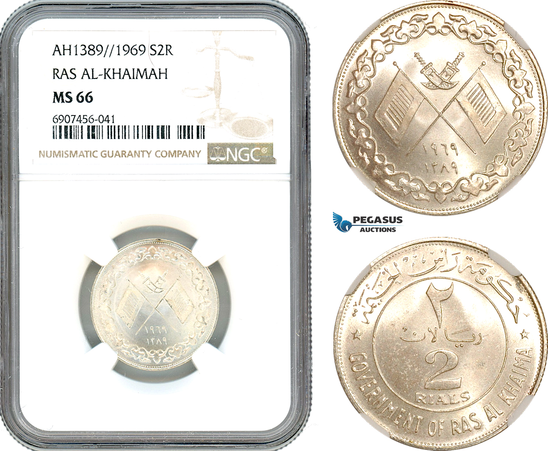 AK189, United Arab Emirates, Ras Al-Khaimah, 2 Riyals AH1389//1969, Silver, NGC MS66