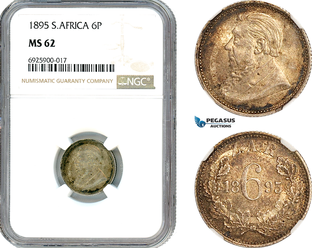 AK191, South Africa (ZAR) Sixpence (6P) 1895, Pretoria Mint, Silver, NGC MS62