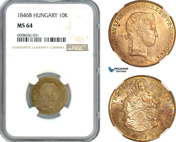 AK214, Hungary, Ferdinand V, 10 Krajczar 1846 B, Kremnitz Mint, Silver, NGC MS64, Top Pop, Single Finest!