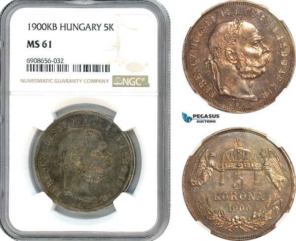 AK215, Hungary, Franz Joseph, 5 Korona 1900 KB, Kremnitz Mint, Silver, NGC MS61
